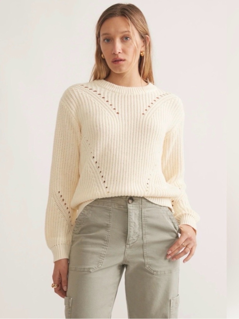 Marine Layer Cream Ramona Crewneck Pointelle Knit 100% Cotton Sweater Size Small